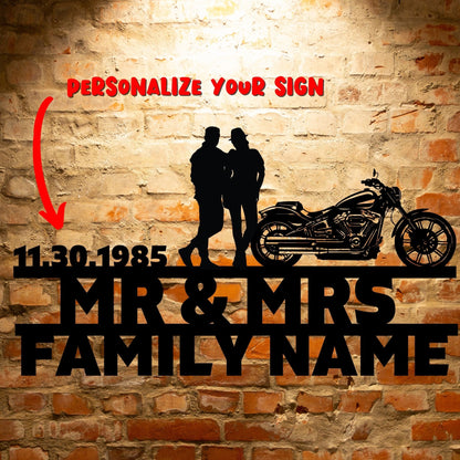 Personalized Mr&Mrs ANNIVERSARY Harley-Davidson couple Set 11 family name sign with unique metal art gifts.