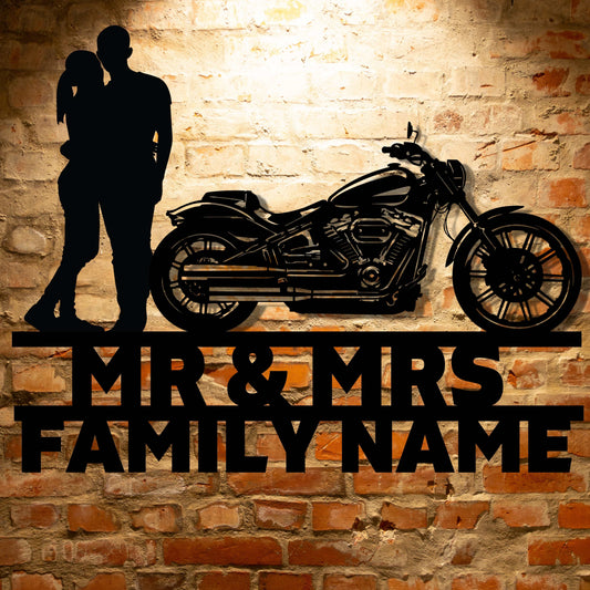 Personalized Metal Family Name Sign SET for Mr and Mrs Harley-Davidson couple.