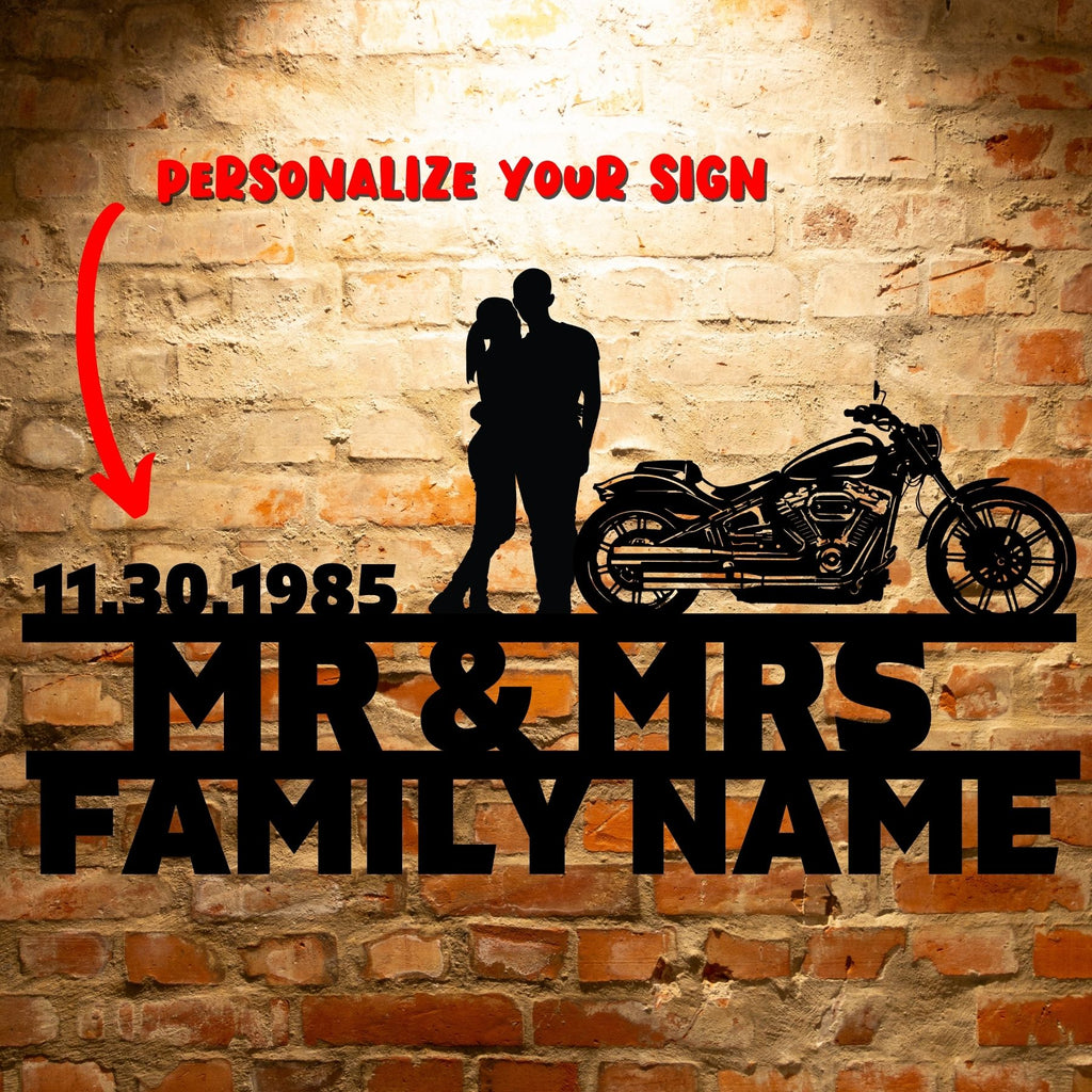 Durable Outdoor Metal Signs and Personalized Steel Monogram Mr & mrs ANNIVERSARY Harley-Davidson couple Set 12 family name sign.