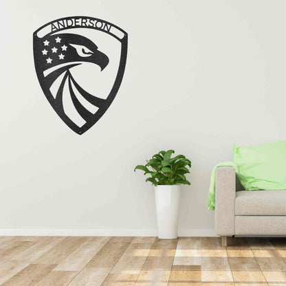 Modern Eagle Monogram - Metal Family Wall Art on a brick wall.