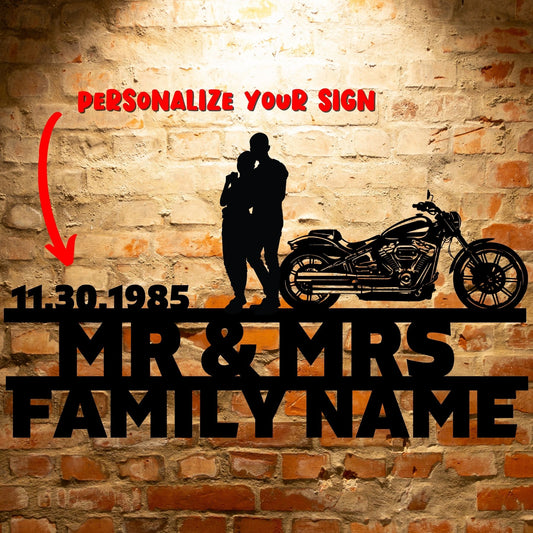 Personalized Mr&Mrs ANNIVERSARY Harley-Davidson couple Set 13 family name sign featuring a Custom Handmade Design.