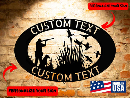 Introducing the WELCOME 113, a silhouette metal sign expertly crafted from 18 gauge steel, featuring a hunter, dog, and birds. Customize this piece with your own text and proudly display the "Made in USA" label against a brick wall backdrop. Ideal for adding a distinctive touch to your home decor.