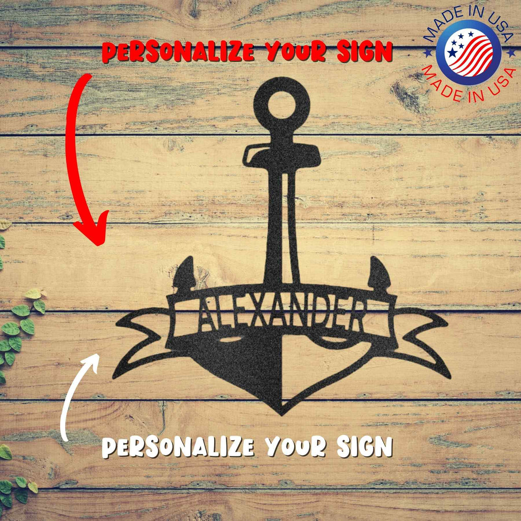 A personalized steel monogram, this durable outdoor metal sign features a fancy anchor banner and the words personalize your sign.