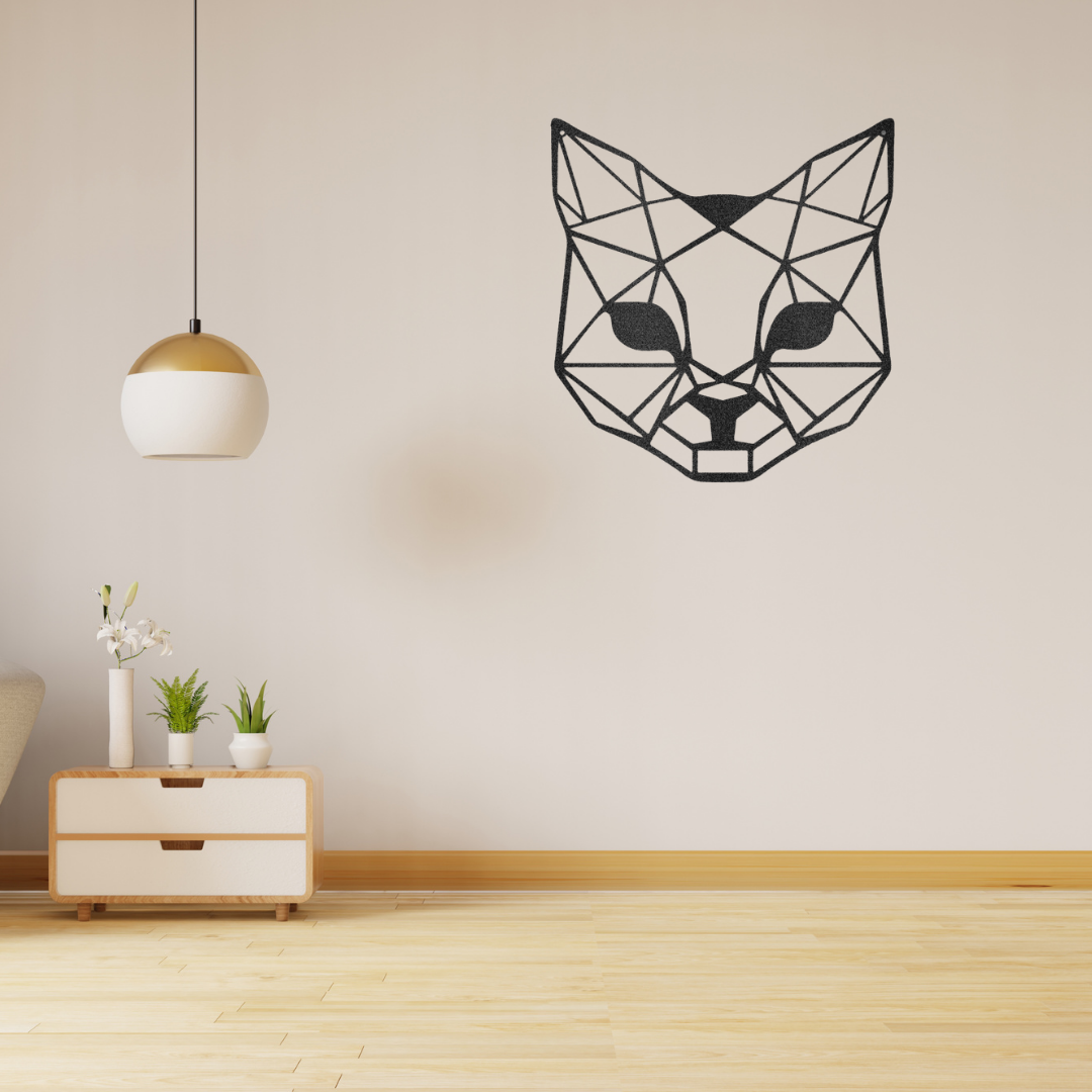 A Custom Handmade Geometric Cat - Steel Sign on a brick wall.