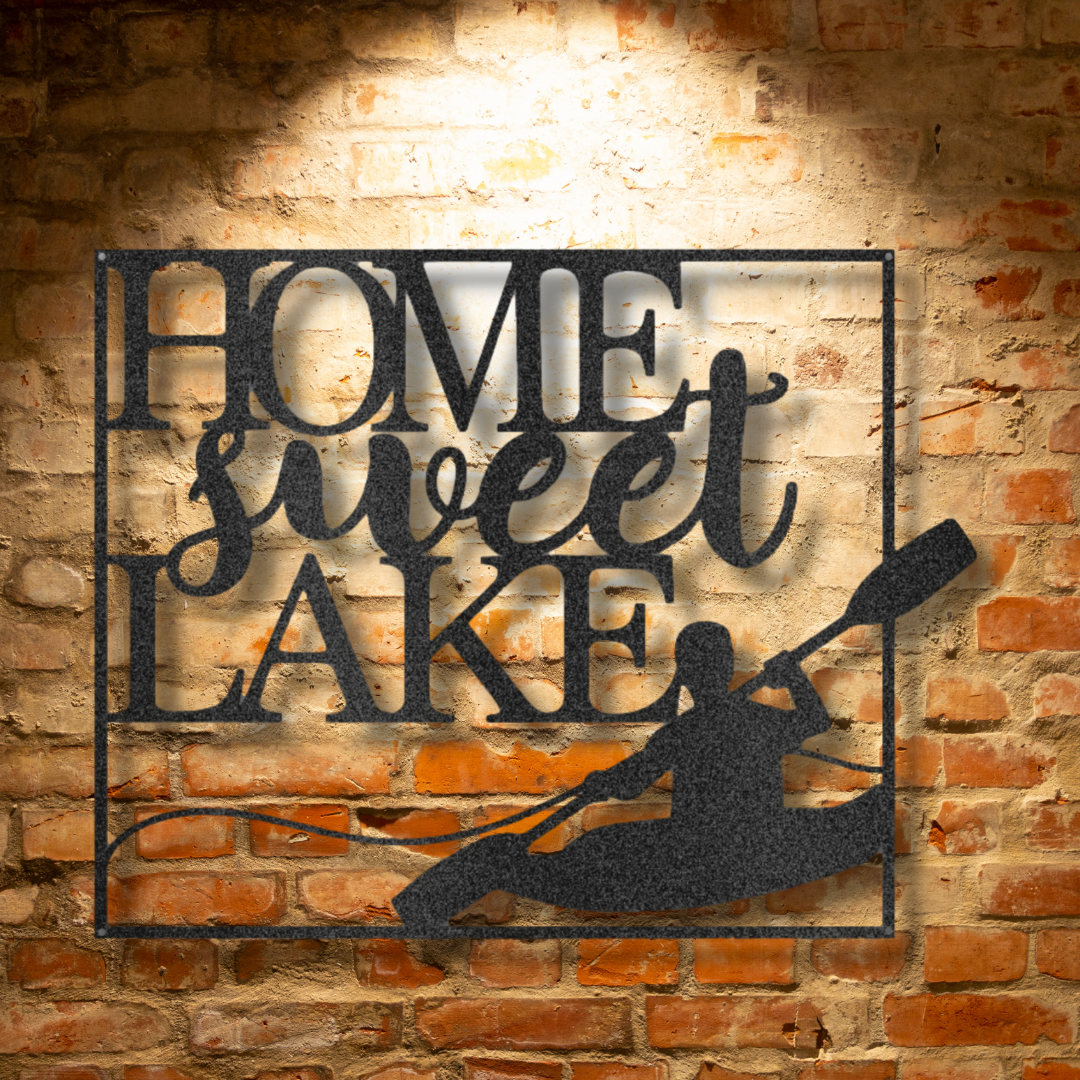 A Metal Wall Art Decor - Steel sign that says home sweet lake.