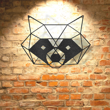 A durable outdoor metal sign featuring a black and white geometric raccoon displayed on a brick wall.