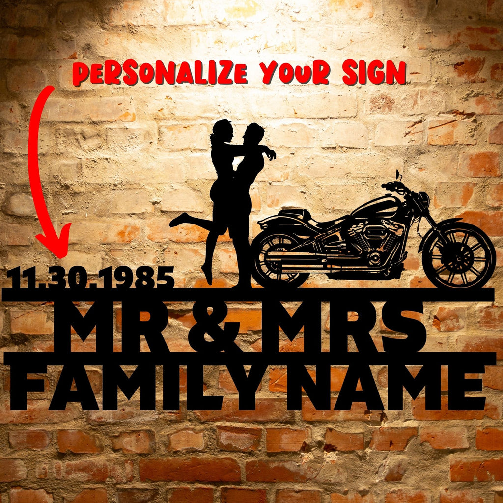 Personalized Mr&Mrs ANNIVERSARY Harley-Davidson couple Set 16 family name sign made of durable outdoor metal, a unique metal art gift.