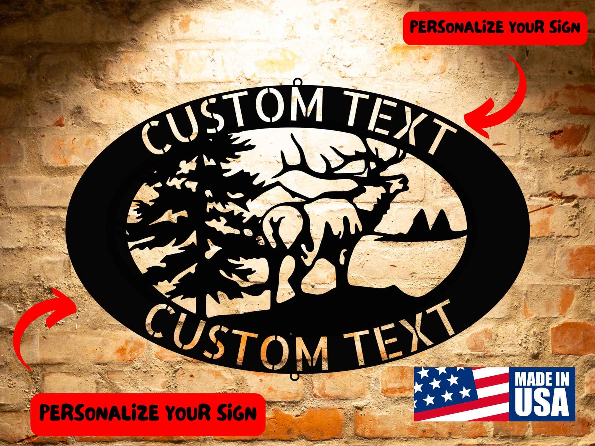 The CUSTOM DEER SIGN - Personalized Deer Name Sign Steel Monogram Decor, made from 18 gauge steel, is perfect for home decor. It features a silhouette of trees and deer against a brick wall, with arrows highlighting areas for customizable text. Proudly displays "Made in USA.