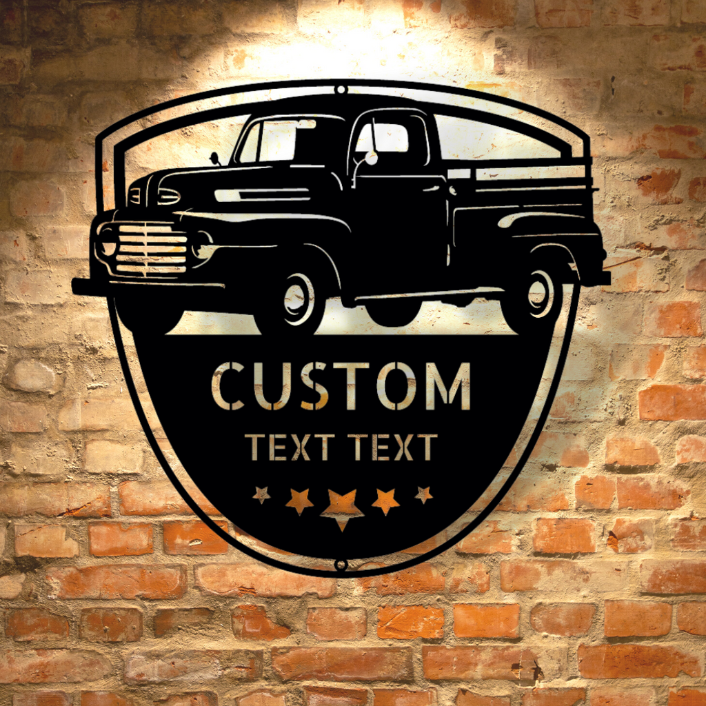 An old truck with a Classic Ford 150 Monogram - Metal Wall Art on a brick wall