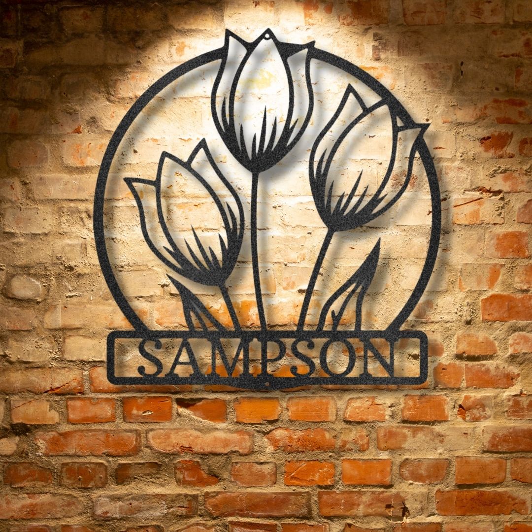 A durable and unique metal sign featuring a personalized steel monogram, the Wild Tulip Monogram Steel Sign.