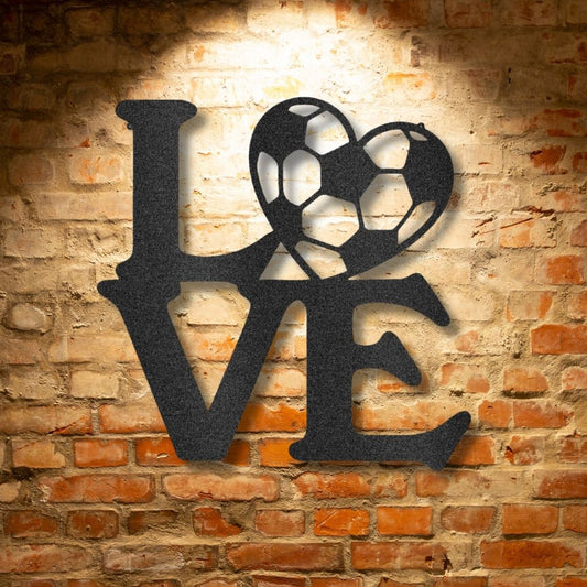 A Unique Metal Art Gift - Steel Sign with the word love and a soccer ball on it.