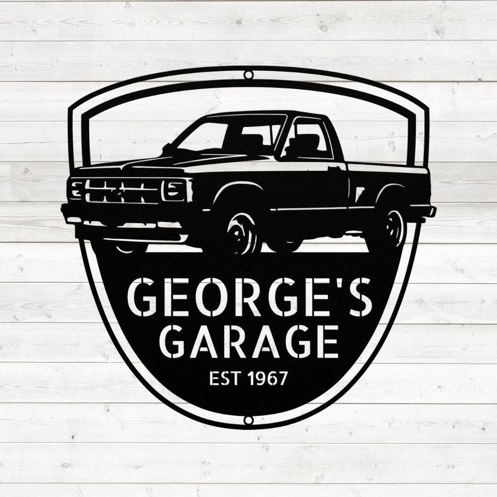 The personalized logo for the 1993 Chevrolet S10 Custom Garage Car Sign Steel Monogram Wall Art is shown on a wooden background.