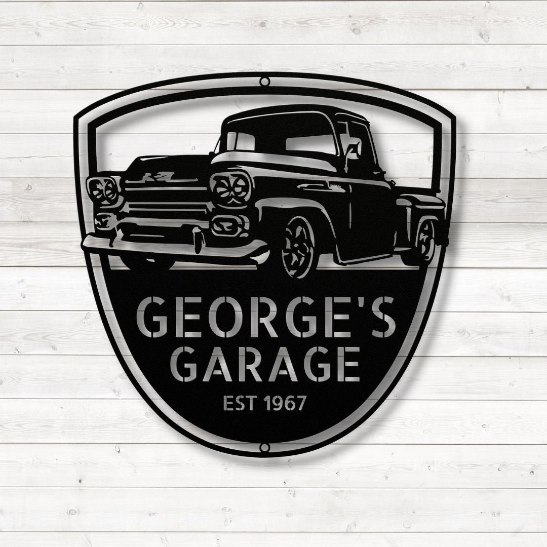 George's 1958 Chevy Apache Pickup 3100 Steel Monogram Wall Art Sign - Unique metal art gift for garage decoration.