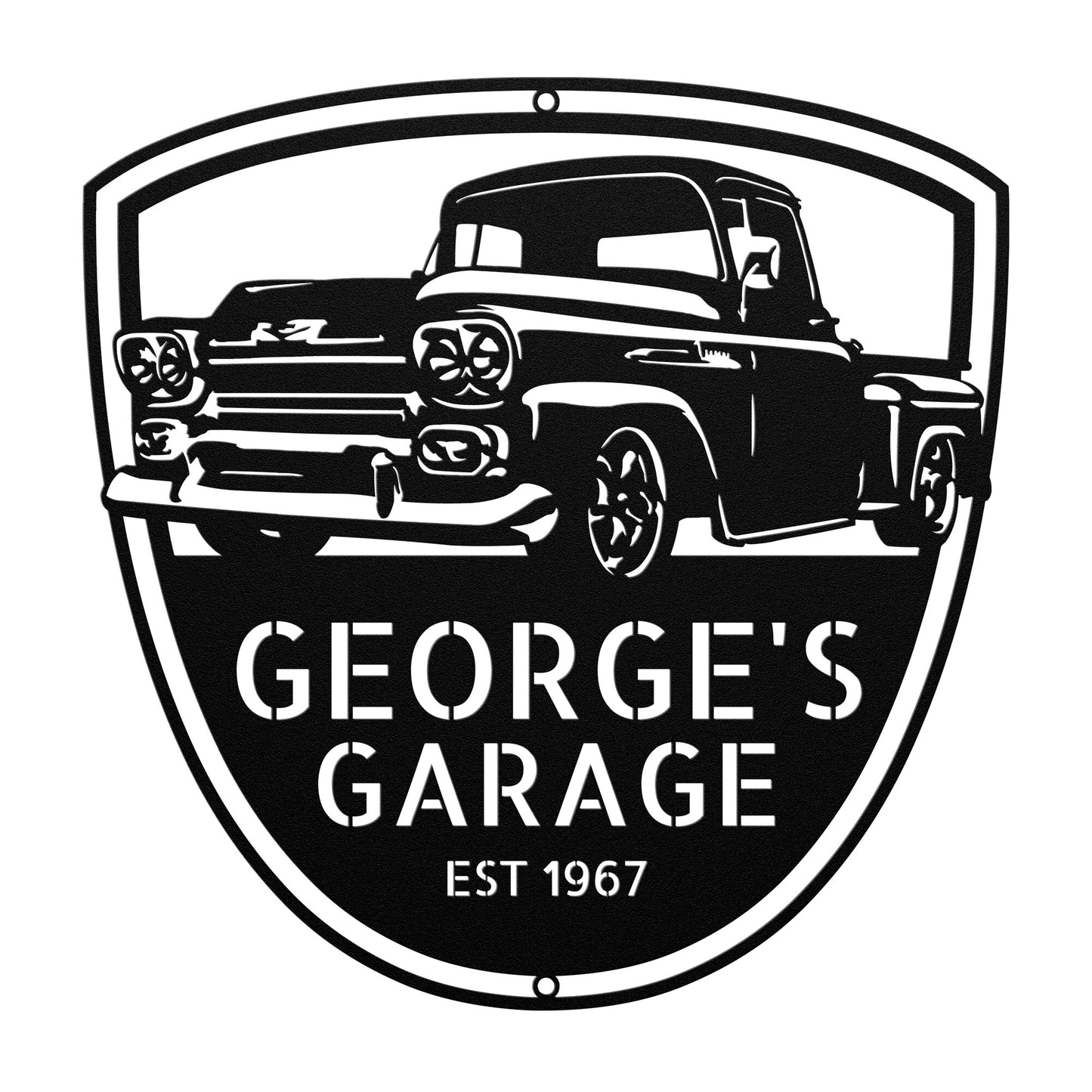 George's 1958 Chevy Apache Pickup 3100 Steel Monogram Wall Art Sign - Unique metal art gift for garage decoration.