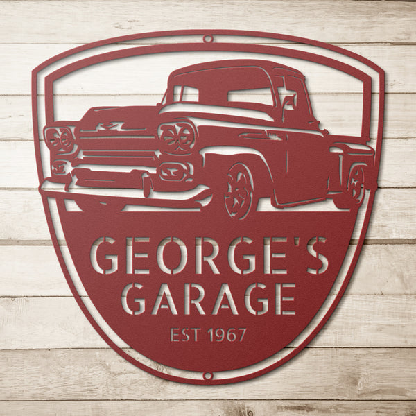 George's 1958 Chevy Apache Pickup 3100 Steel Monogram Wall Art Sign - Unique metal art gift for garage decoration.