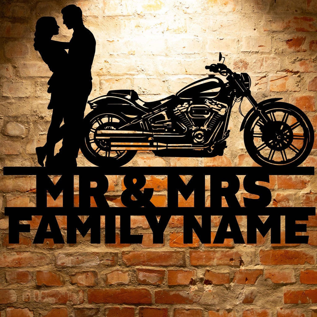 A silhouette of a Mr&Mrs Harley-Davidson couple SET 19, personalized with custom family name signs and crafted from metal for wall art.