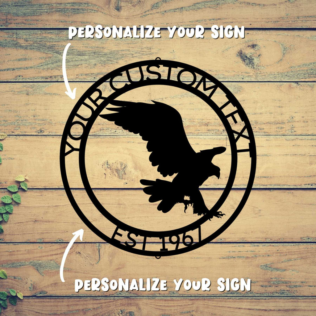 A CUSTOM EAGLE SIGN with an Elegant Family Sign Decor on a wood surface.