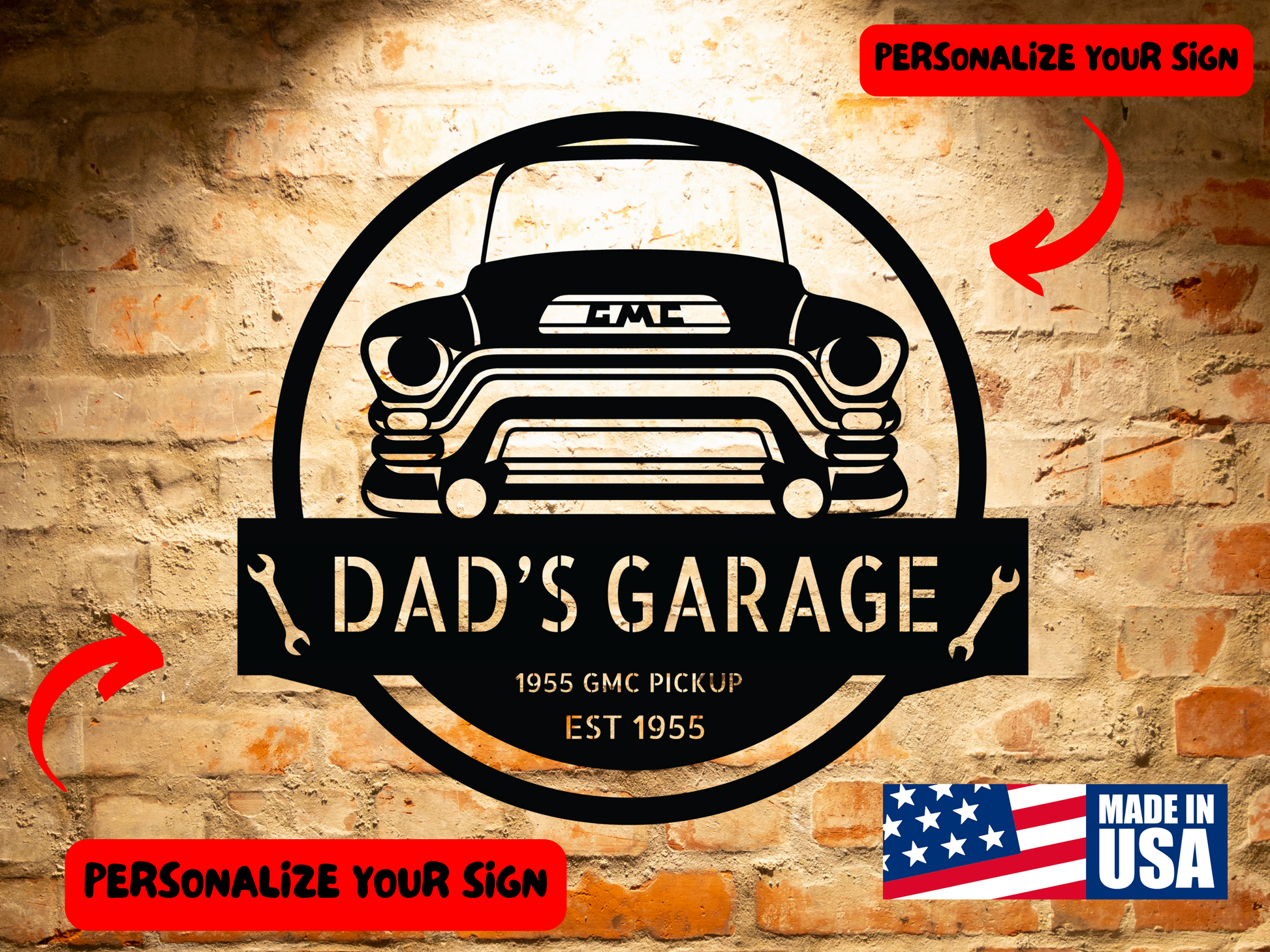 Constructed from 18 gauge steel, the CAR MONOGRAM sign showcases the text "Dad's Garage, 1955 GMC Pickup, Est 1955" along with images of a truck and wrenches. Featuring a "Personalize Your Sign" option indicated by arrows and a "Made in USA" stamp on a brick wall background, this home decor piece is an ideal gift for Dad's garage.