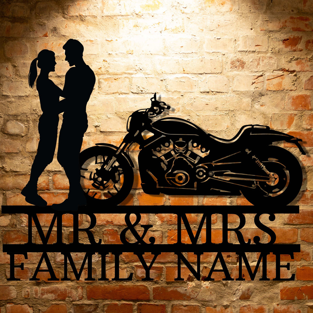 Personalized metal family wall art with monogram family decor for Mr & Mrs Harley-Davidson couple SET 1 family name sign.