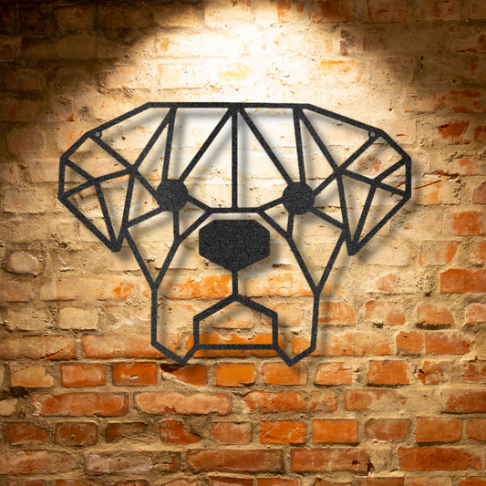 A durable outdoor metal sign featuring a personalized steel monogram of a geometric dog on a brick wall.