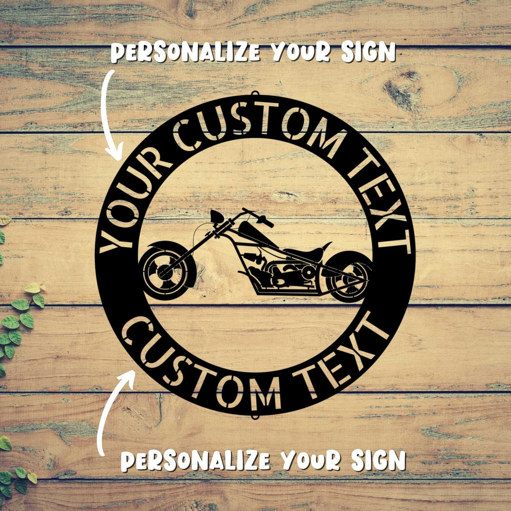 Customized motorcycle signs for retro garage decor.