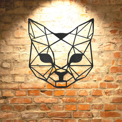 A Custom Handmade Geometric Cat - Steel Sign on a brick wall.