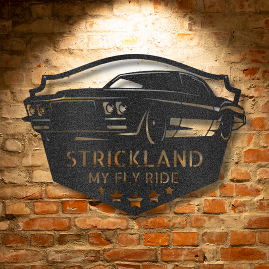 A personalized steel monogram sign, featuring a classic muscle car, adds authentic garage decor to any mechanic's metal wall art.