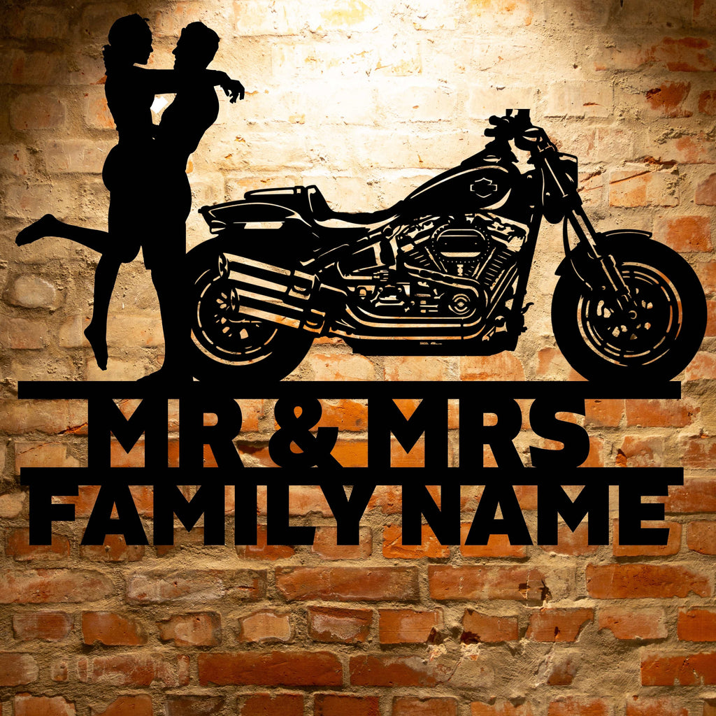 A personalized metal family sign displayed on a brick wall at Mr&Mrs Harley-Davidson couple SET 22.