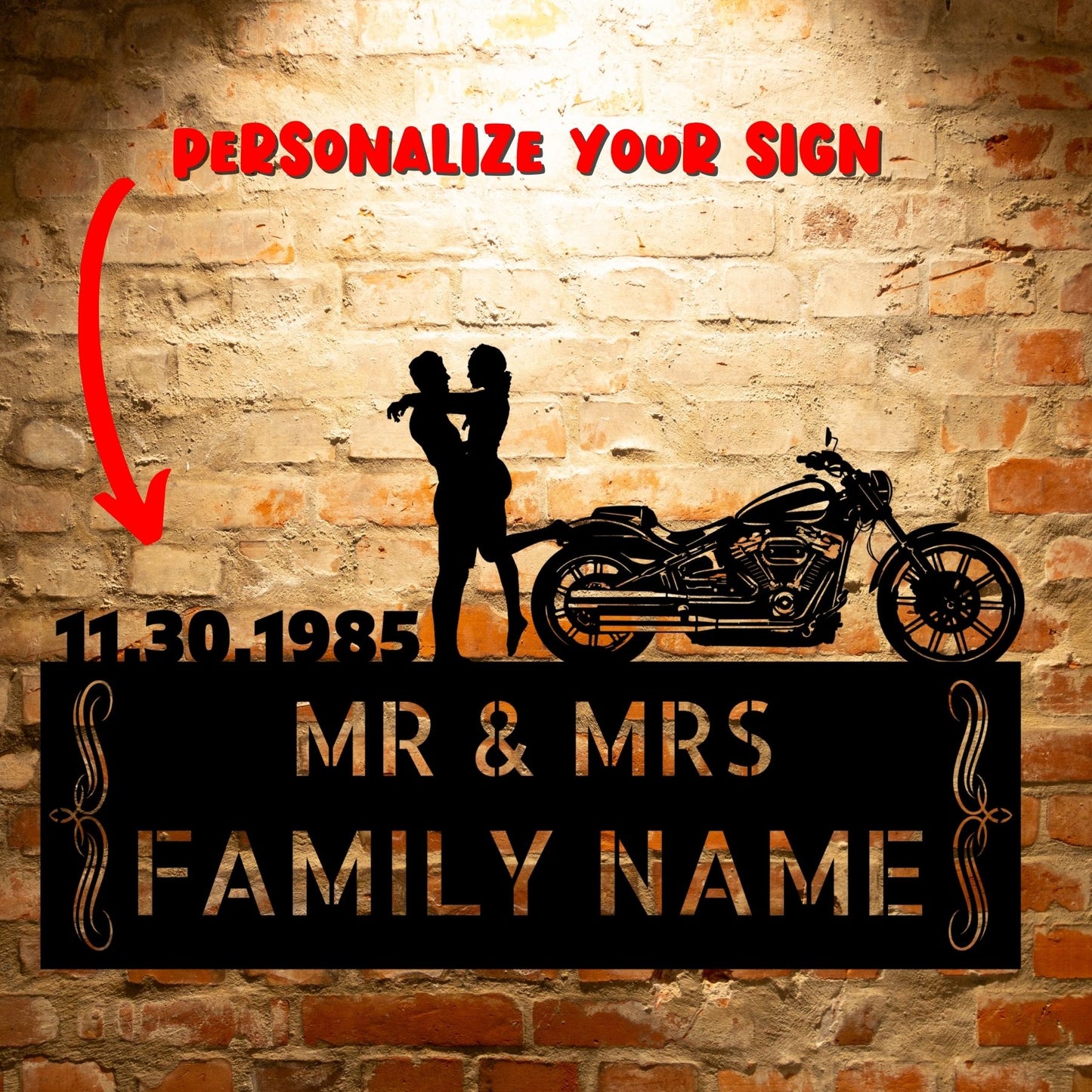 Custom Personalized Mr&Mrs ANNIVERSARY Harley-Davidson couple Set 23 family name sign, featuring Unique Metal Art Gift and Personalized Steel Monogram.