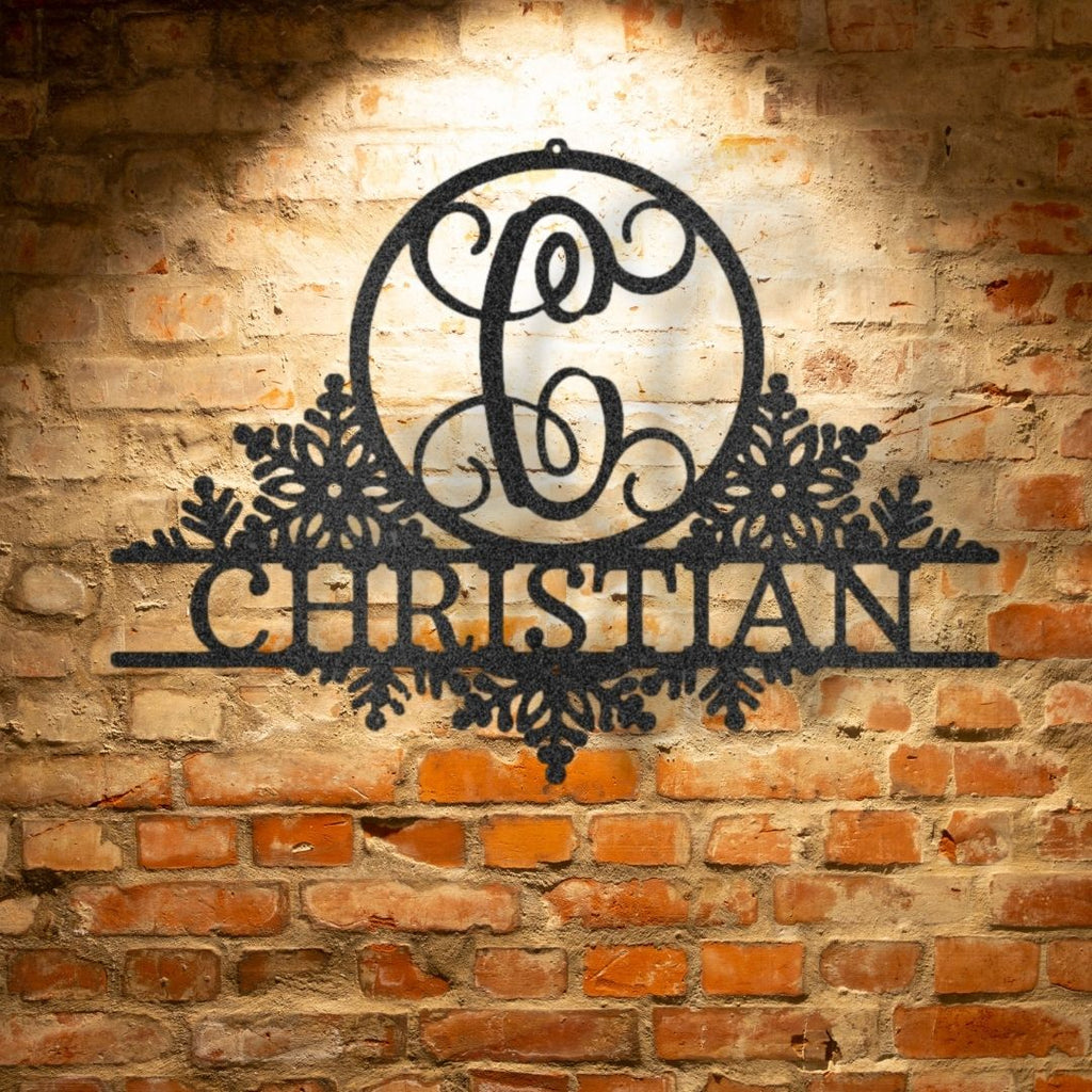 Durable Outdoor Metal Sign with Personalized Steel Monogram on a brick wall.