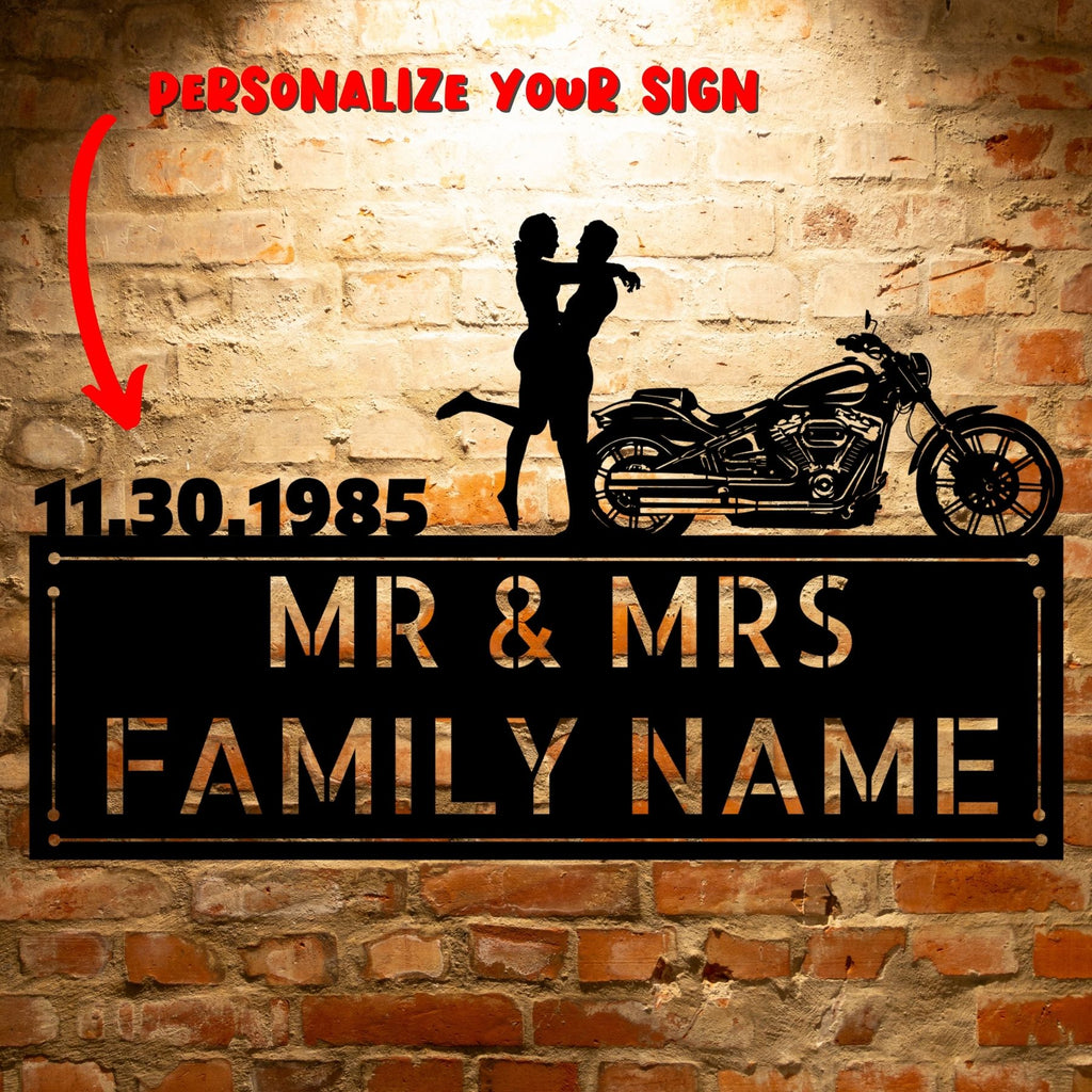 Unique Personalized Metal Art Gifts: MR&MRS ANNIVERSARY HARLEY-DAVIDSON COUPLE SET 24 family name sign.