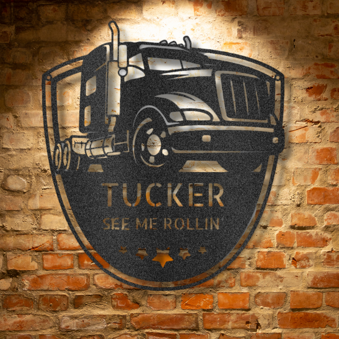 A personalized steel sign with a classic car design displayed on a brick wall.