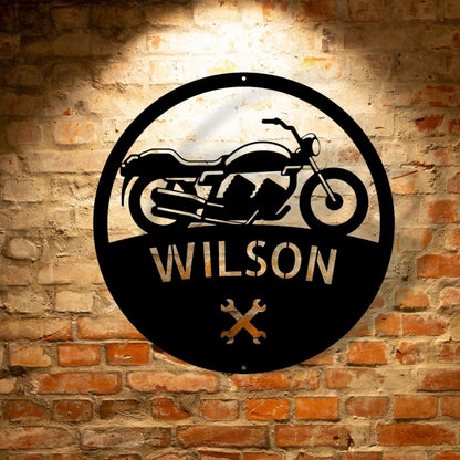 A custom metal Motorcycle Master Monogram steel sign personalized with the name wilson.