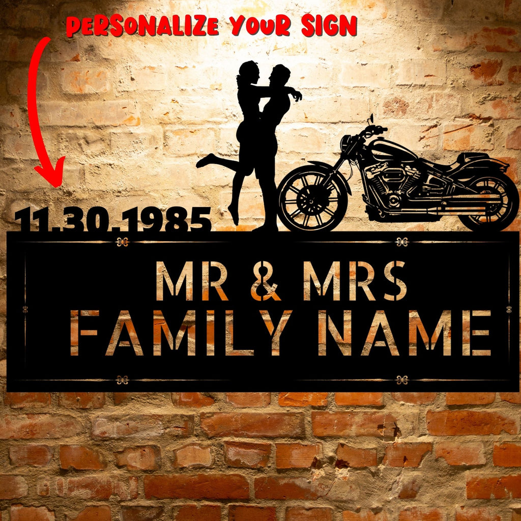 Personalized MR&MRS ANNIVERSARY HARLEY-DAVIDSON COUPLE SET 25 family name sign with durable outdoor metal design.
