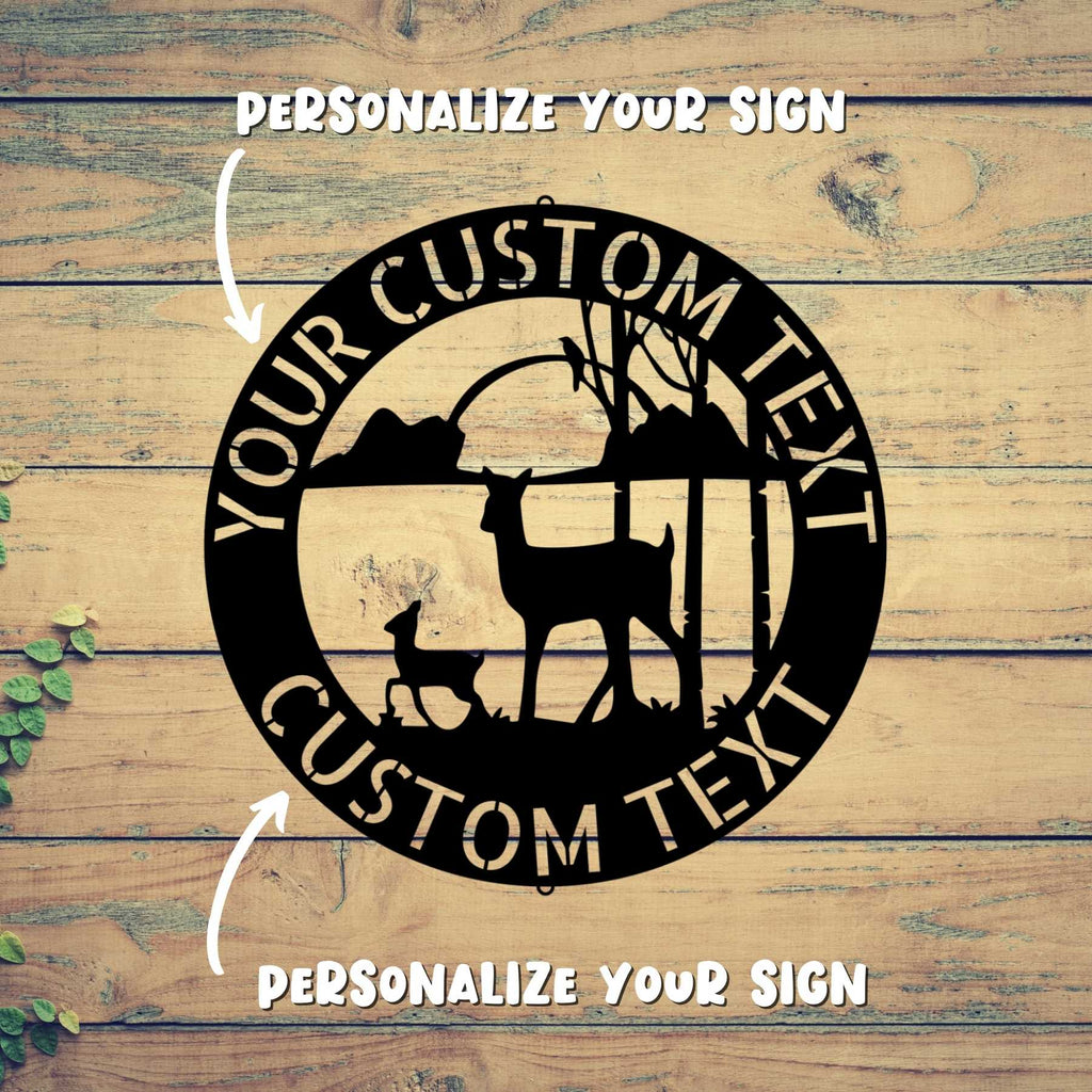 A CUSTOM DEER SIGN - Personalized Metal Family Deer Monogram on a wood surface.