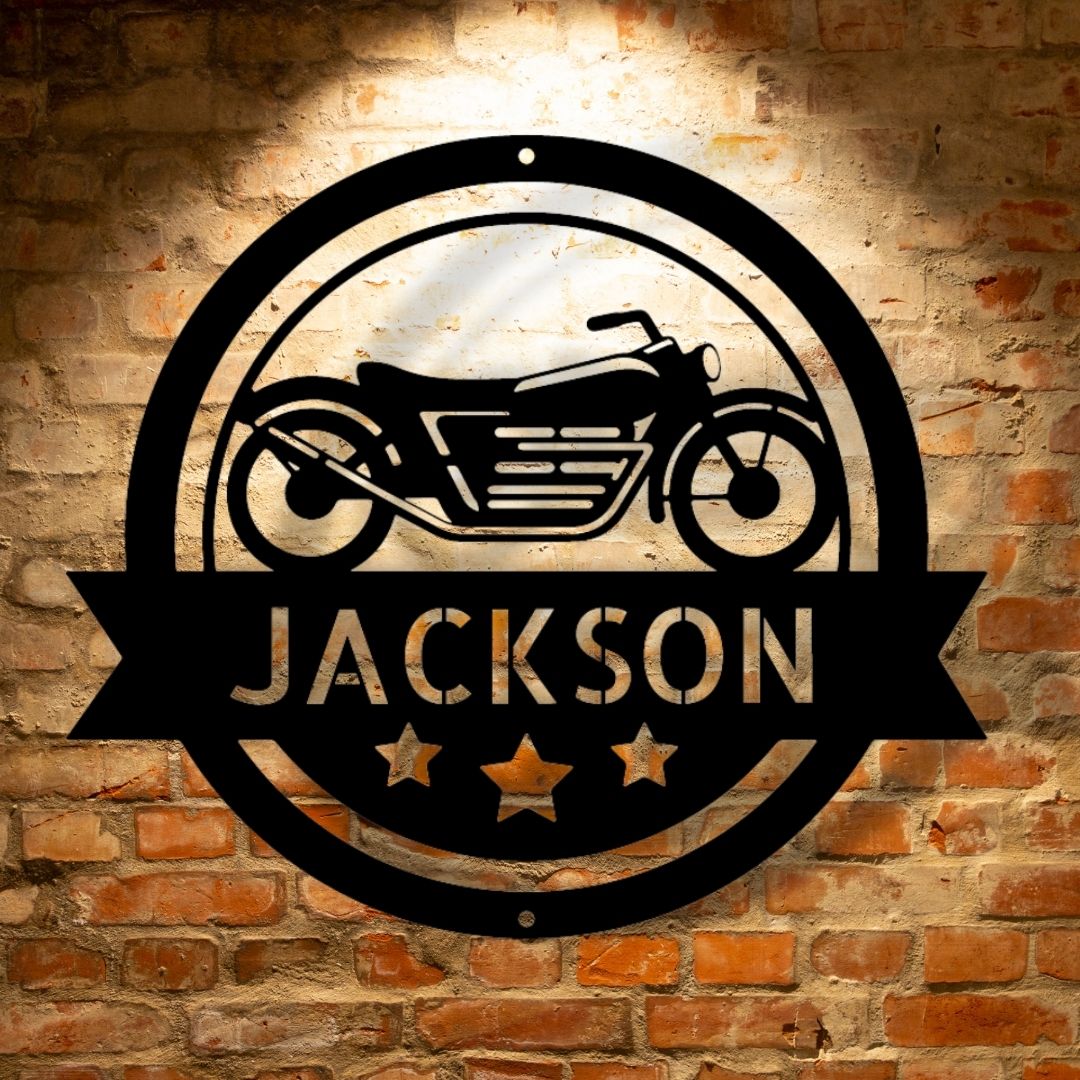 A Steel Monogram Motorcycle Specialist Sign featuring the name Jackson, perfect for Garage Decor.