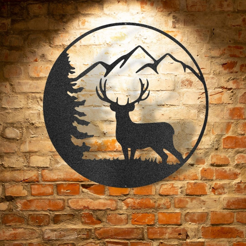 A personalized steel monogram of a graceful deer, durable for outdoor display, silhouetted in a circle on a brick wall.