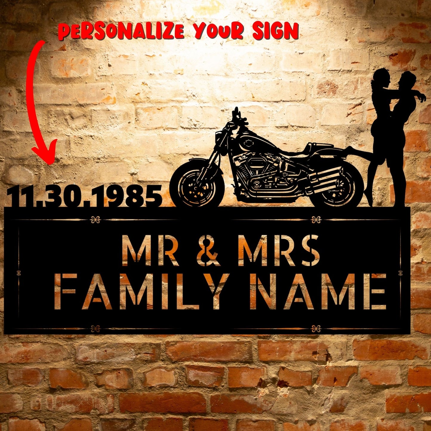 MR&MRS ANNIVERSARY HARLEY-DAVIDSON COUPLE SET 27 - Personalized Metal Art Family Name Sign.