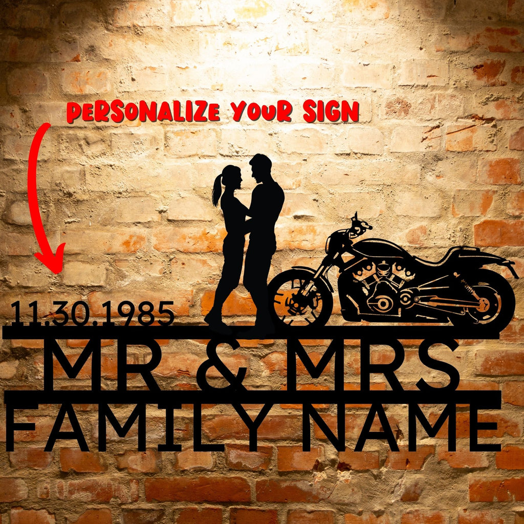 Personalized Mr&Mrs ANNIVERSARY Harley-Davidson couple Set 02 family name sign with Custom Handmade Designs.