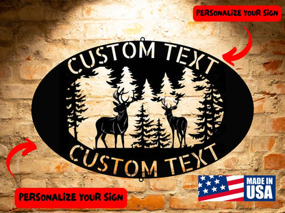 The DEER NAME SIGN - Custom Deer in the Forest Sign Steel Monogram Decor is crafted from 18 gauge steel, allowing for personalized text alongside silhouettes of deer and trees set against a brick wall background. Perfect for home decor, it features red arrows highlighting areas for customization and prominently displays a USA flag icon in the corner.