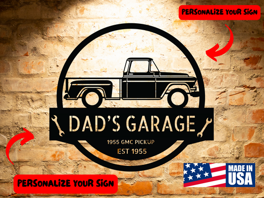 The 1955 GMC Pickup Monogram Wall Art is a vintage-style sign crafted from 18 gauge steel that reads "Dad's Garage" and showcases an illustration of a 1955 GMC pickup. Offering personalization options, this distinctive home decor piece proudly bears the "Made in USA" label.