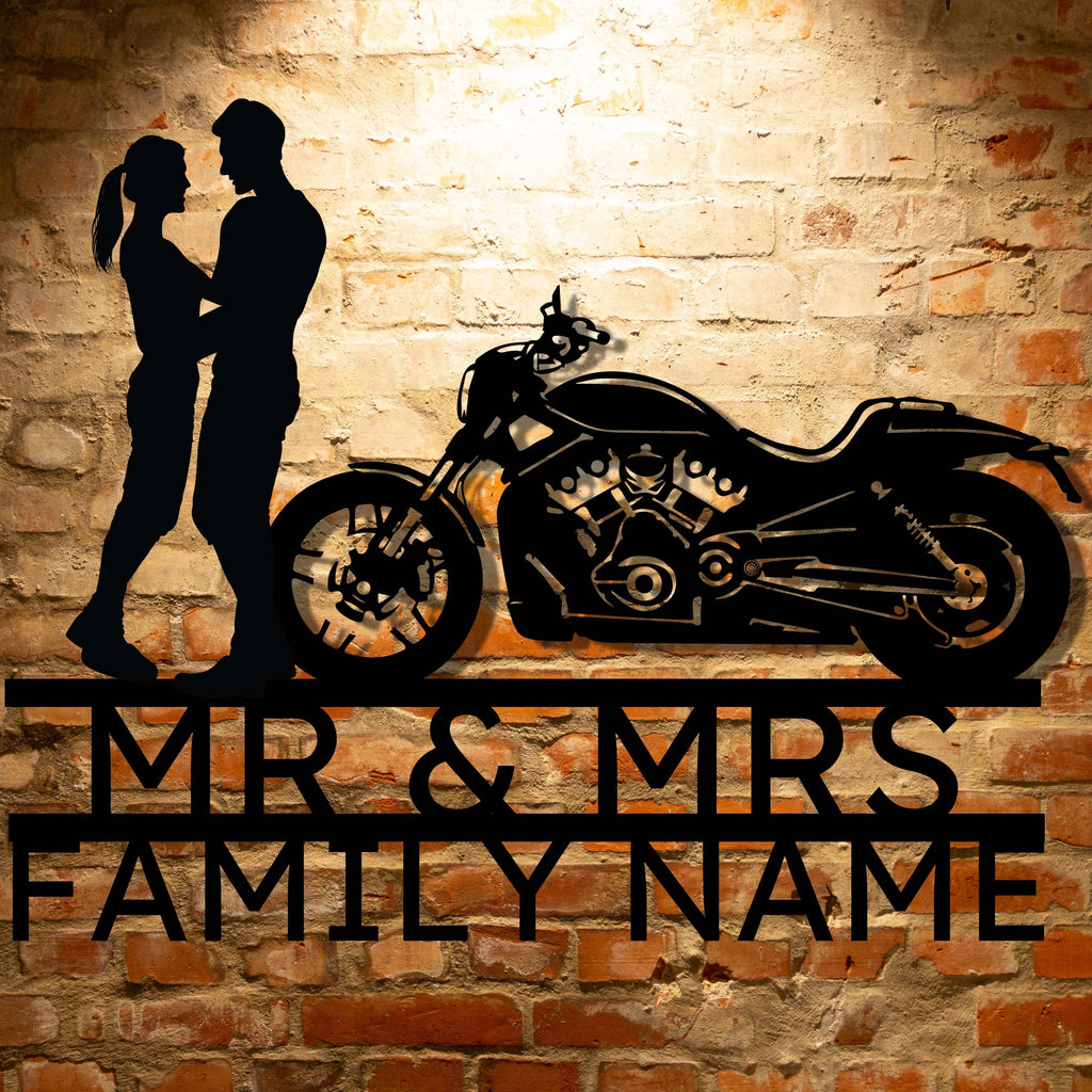 Personalized Metal Family Wall Art - Mr&Mrs Harley-Davidson couple SET 2 family name sign.