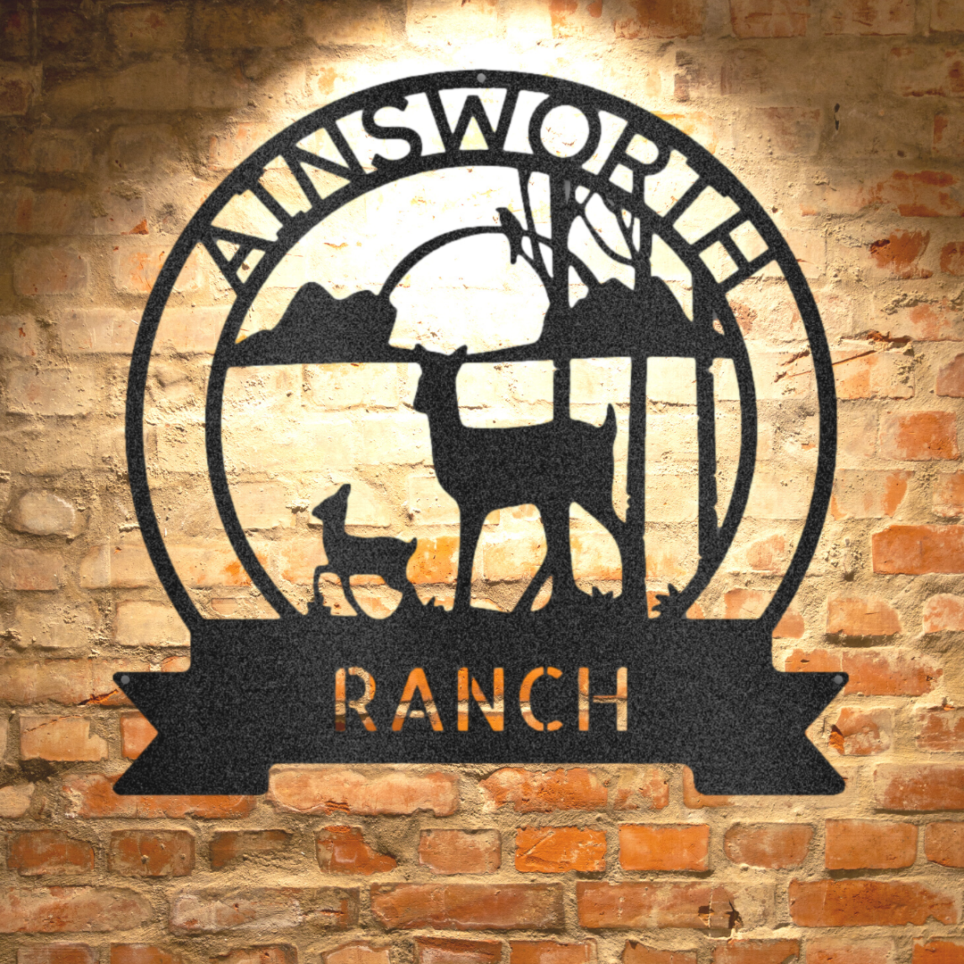 A durable and unique outdoor metal sign featuring a custom handmade design: Answorth Ranch Sun Set Monogram - Steel sign.