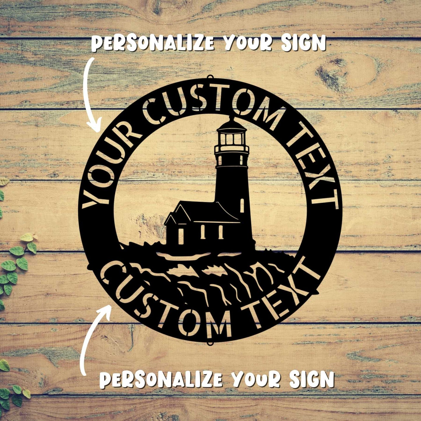 A Personalized Metal Sign featuring a lighthouse logo, perfect for outdoor family decor.