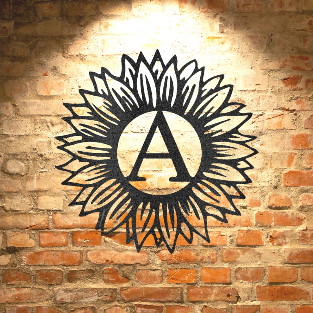 A personalized sunflower steel sign brings unique metal art decor to a brick wall.