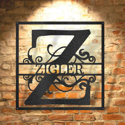 A Unique and Durable Split Square Monogram Metal Sign hanging on a brick wall.