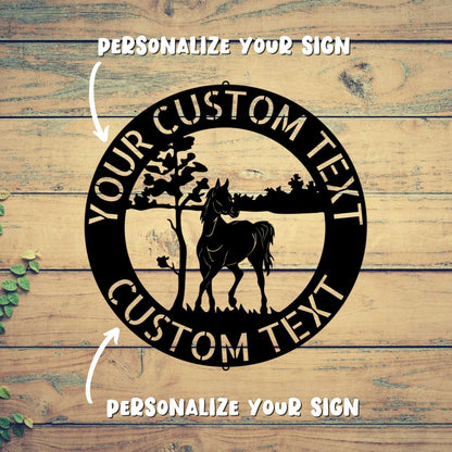 Personalize a custom horse sign on a wood surface with metal monogram family decor.