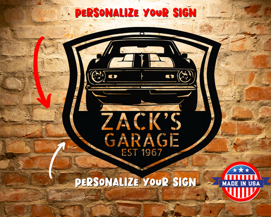 A personalized sign featuring a 1968-Chevrolet-Camaro Z28 front on a brick wall.