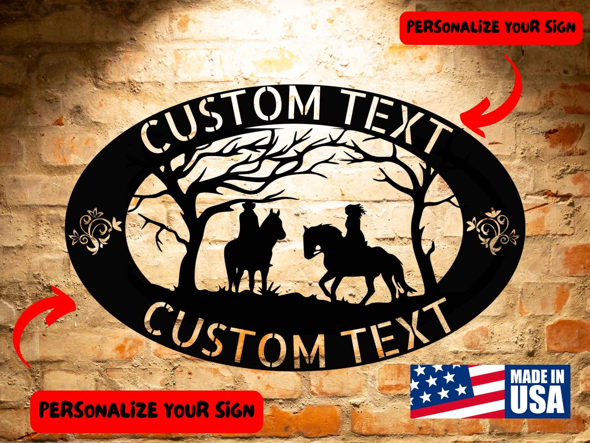 Crafted from 18 gauge steel, the COUPLE RIDING SIGN - Custom Cowboy and Cowgirl Riding Steel Monogram features a design of two horseback riders with customizable text. It is set against a brick wall backdrop and includes a "Made in USA" label.