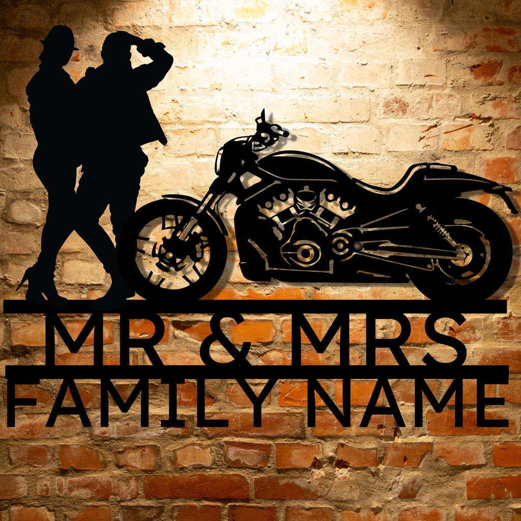 Personalized metal monogram family sign decor, perfect for the elegant Mr & Mrs Harley-Davidson couple.